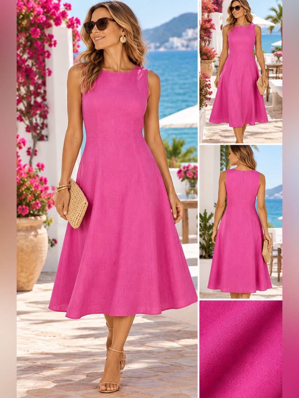 Lauren Ralph Lauren Azalea Pink 100% Linen A-Line Midi Dress Size 12